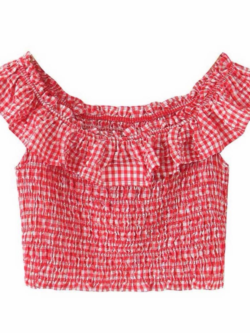 Zara Red and White Gingham Off-Shoulder Smocked Crop Top